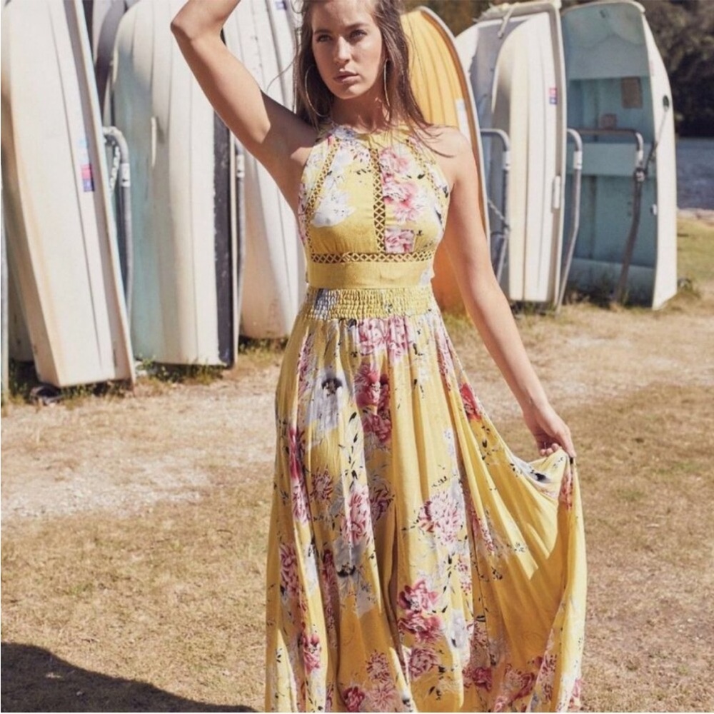 Jaase Endless Summer Boho Halter Maxi Dress Sleeveless Yellow Floral Size Large